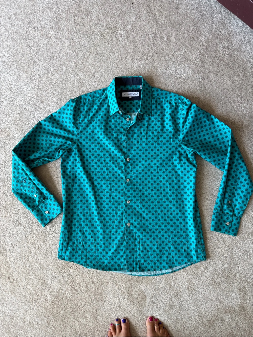 John Lennon Teal Button-Down Shirt with Dark Dot Pattern
